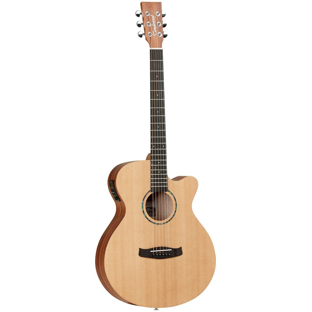 Acoustic guitar with a natural wood finish on a white background