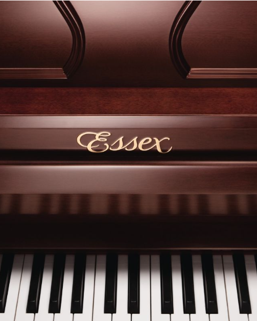 Essex piano with a close-up of the brand name on the lid.